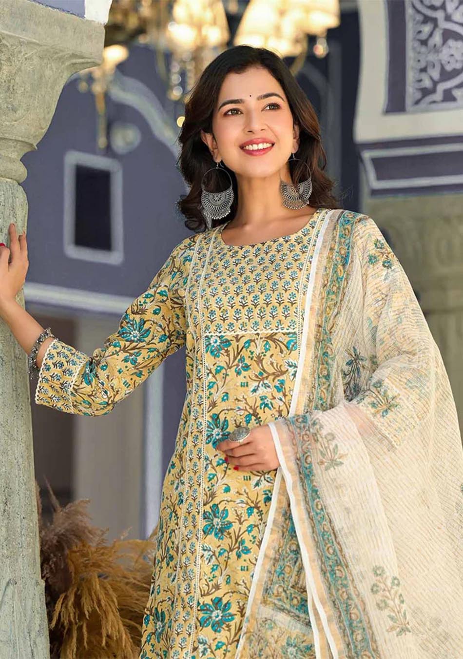 Citrus Breeze Handblock Print Suit Set with Kota Dupatta