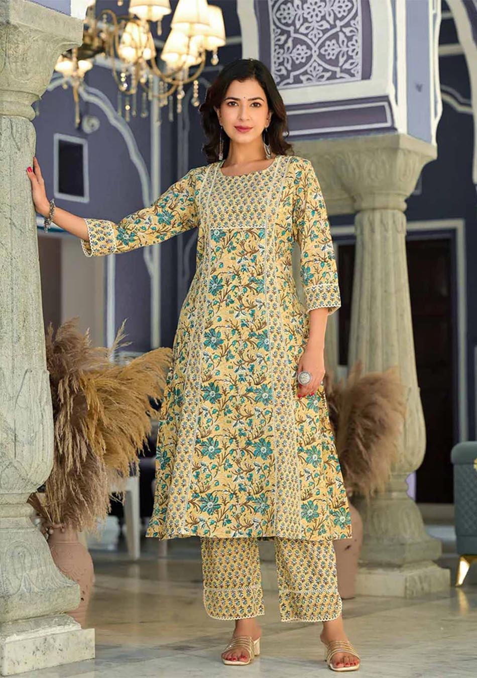 Citrus Breeze Handblock Print Suit Set with Kota Dupatta