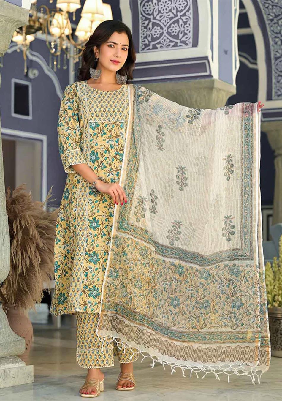 Citrus Breeze Handblock Print Suit Set with Kota Dupatta