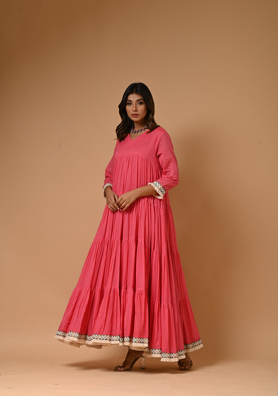 Dark Pink Voil Tiered Dress