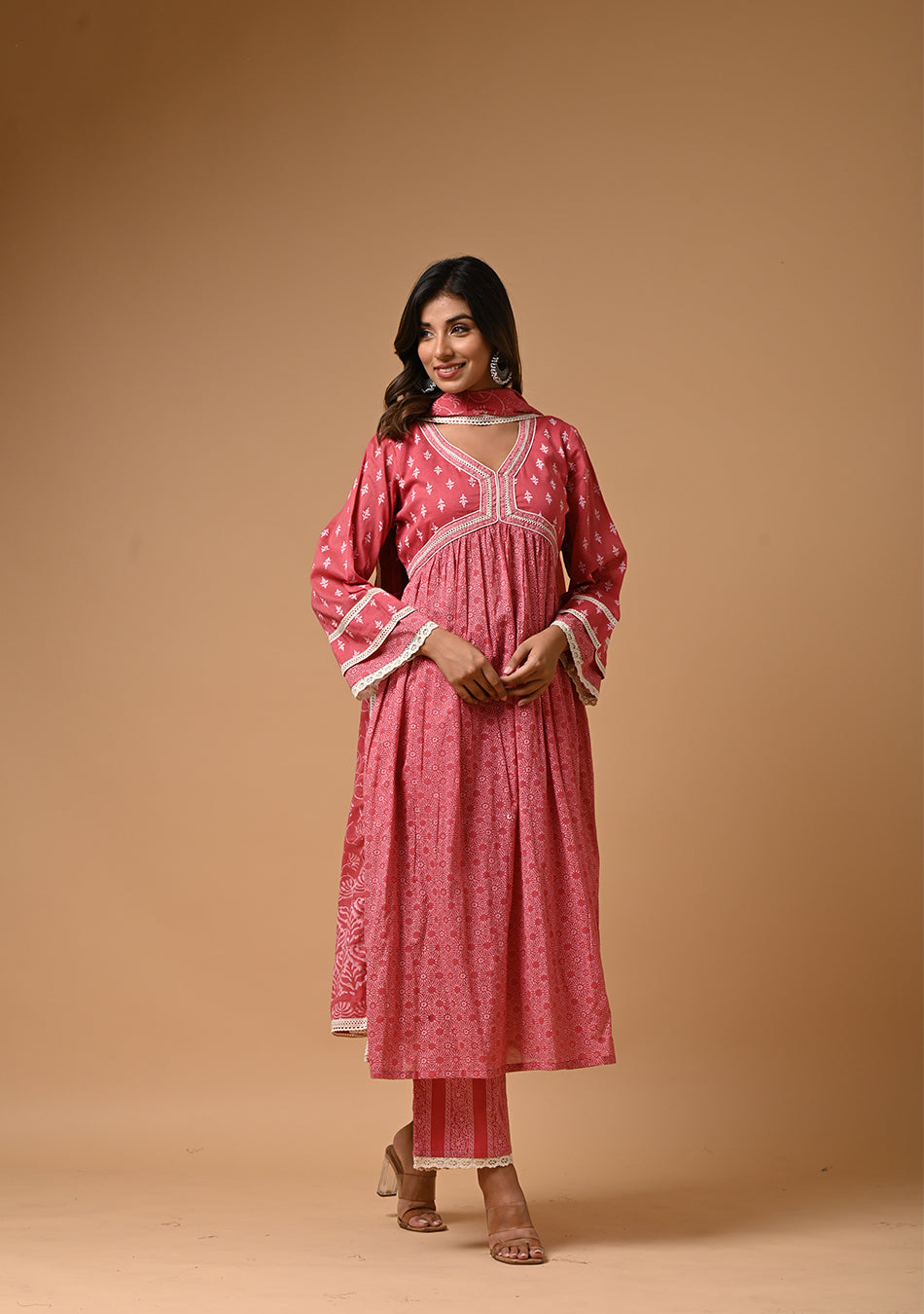 Pink Khadi Print Anarkali Suit