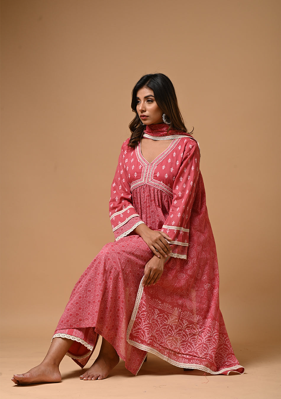 Pink Khadi Print Anarkali Suit