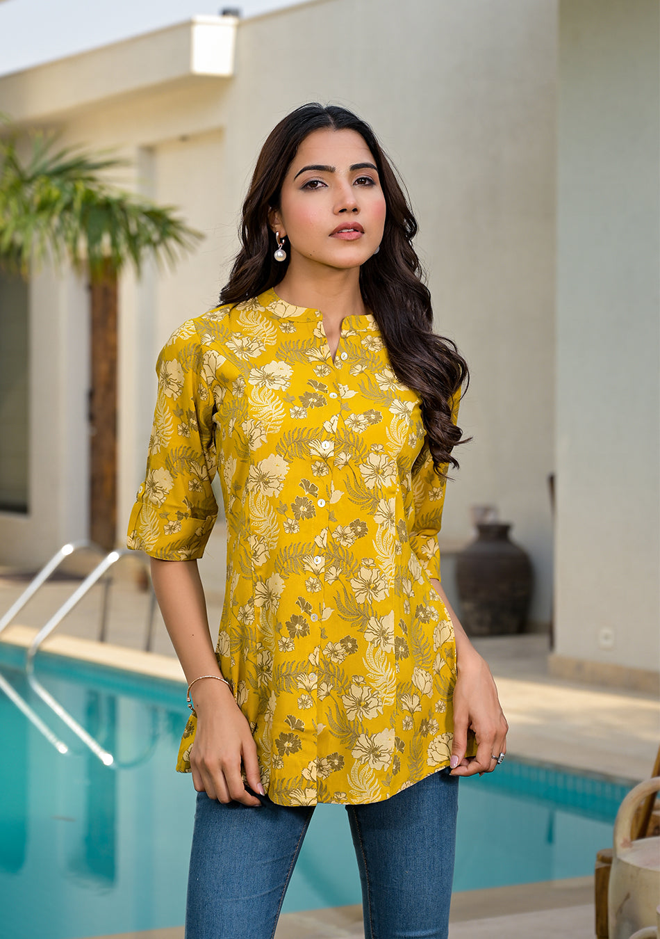 Mustard Floral Rayon A-lineTop