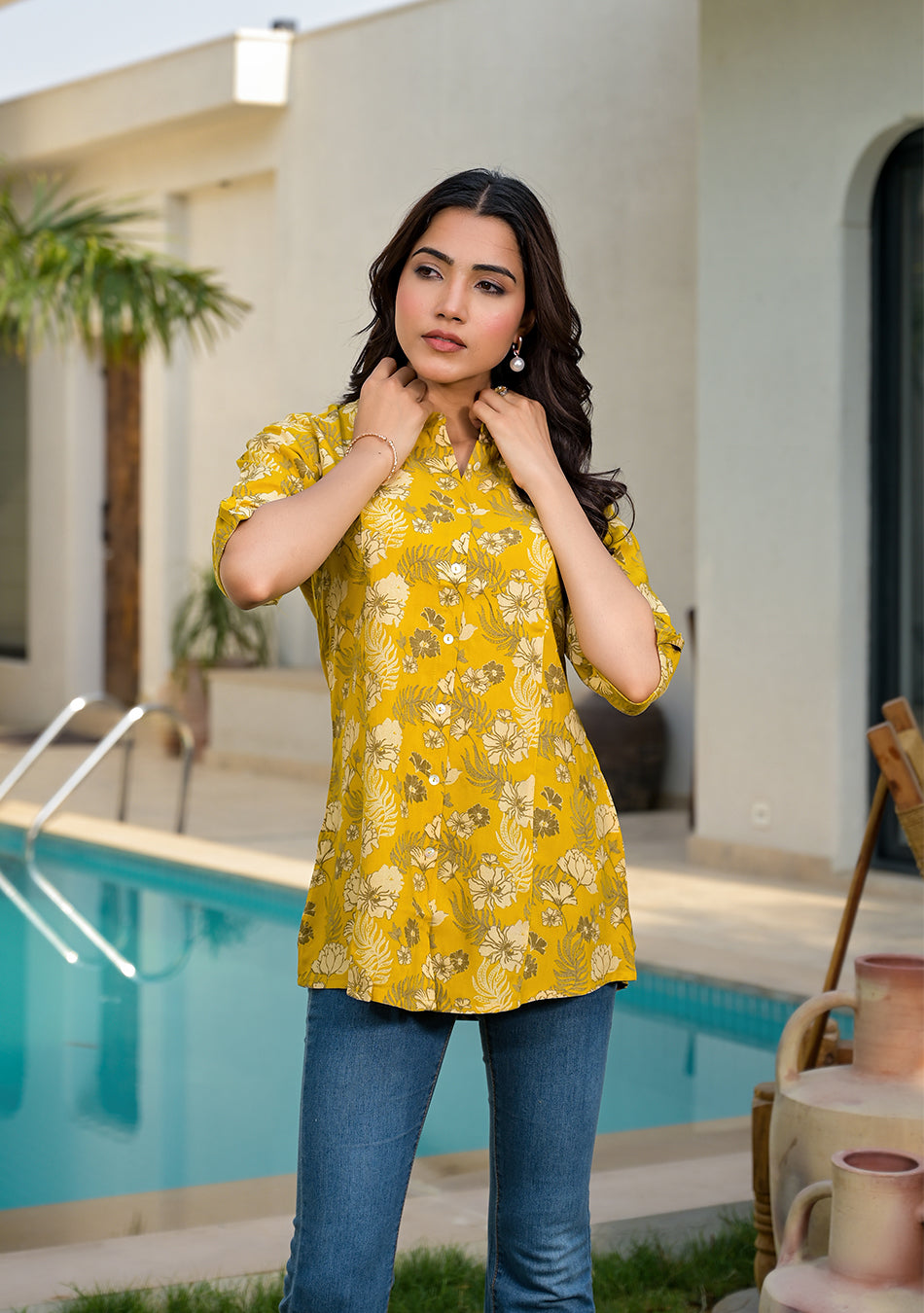 Mustard Floral Rayon A-lineTop