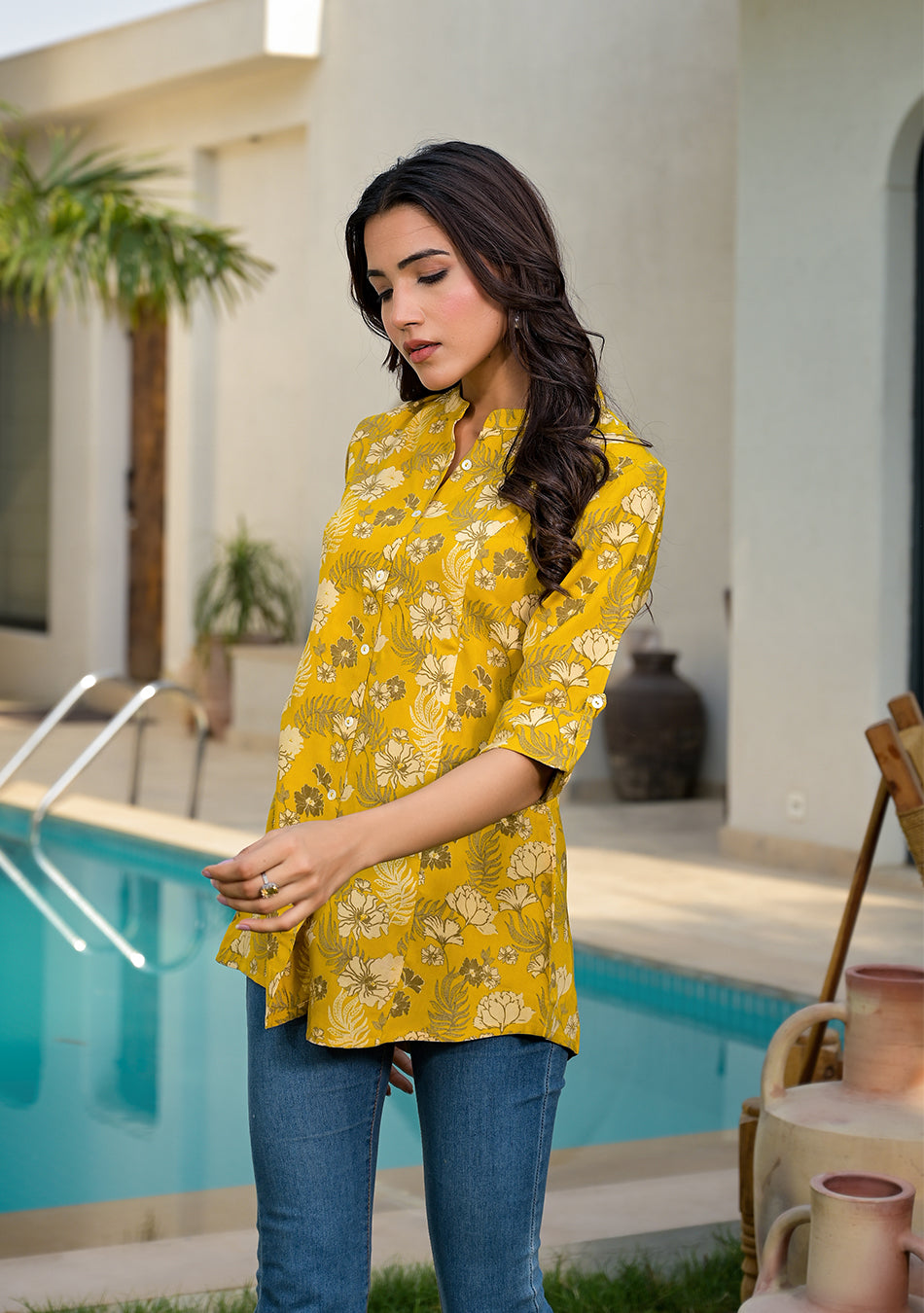 Mustard Floral Rayon A-lineTop