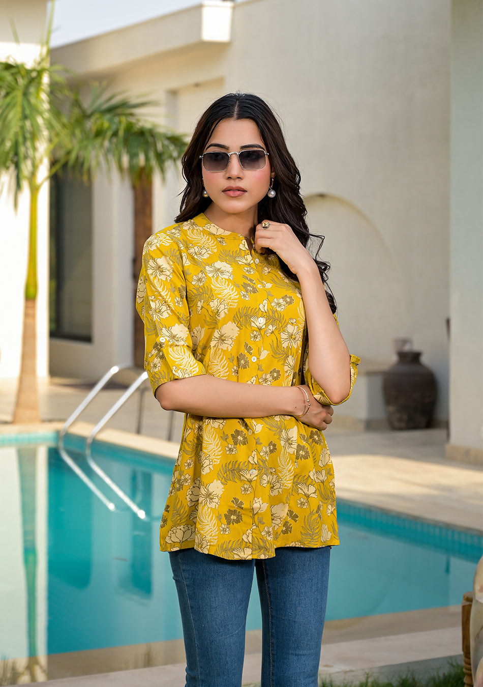 Mustard Floral Rayon A-lineTop