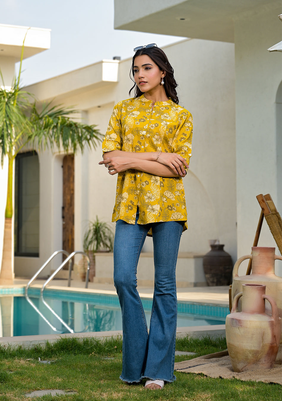 Mustard Floral Rayon A-lineTop