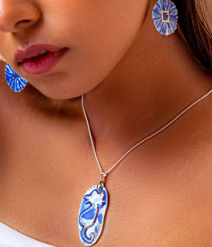 Blue Pennywort earring with Whisker Charm Cat Pendant