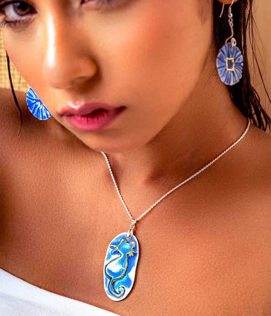 Blue Pennywort earring with Whisker Charm Cat Pendant