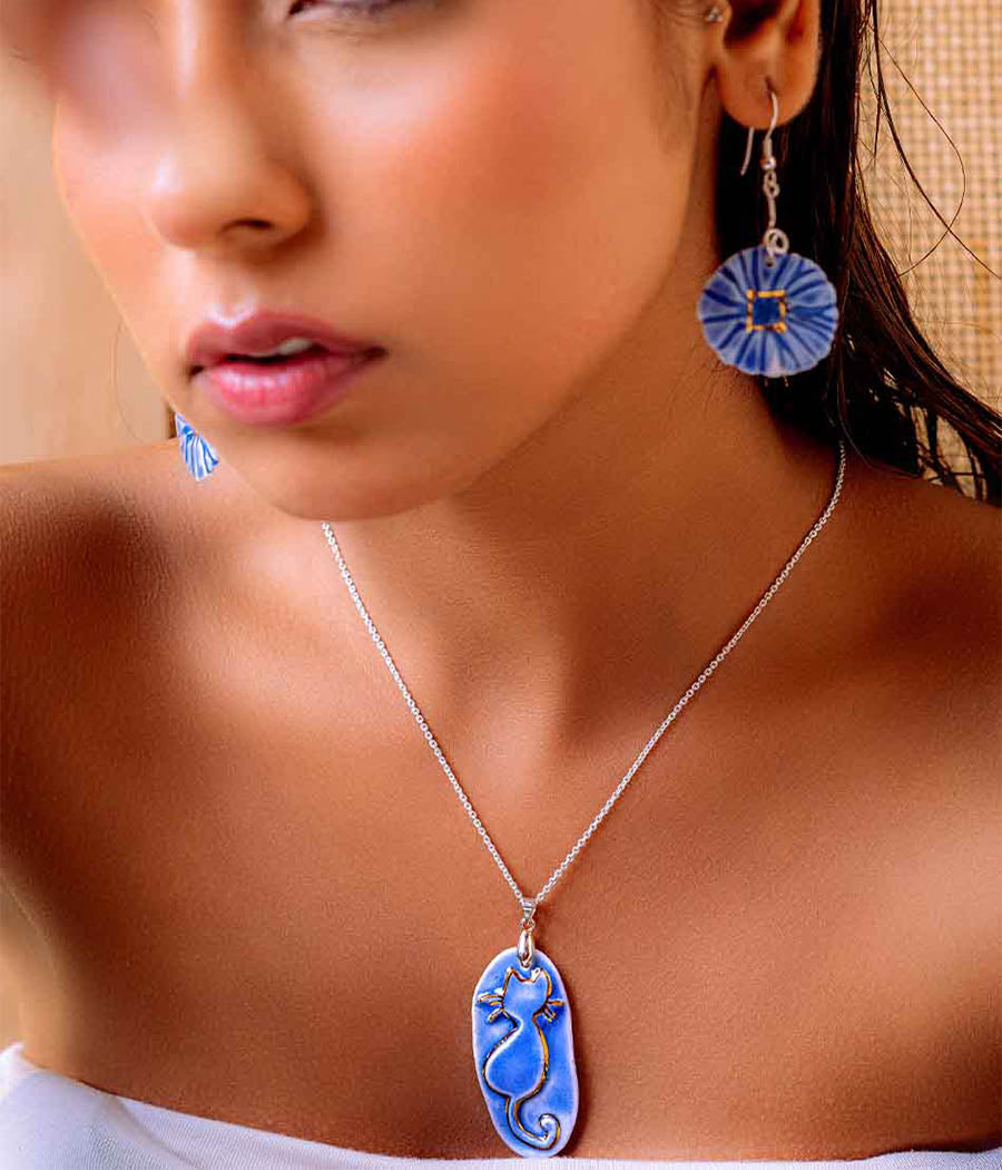 Blue Pennywort earring with Whisker Charm Cat Pendant