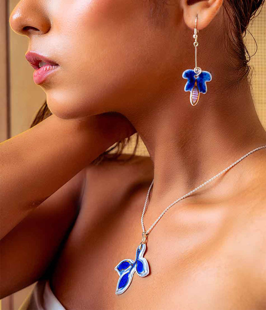 Blue Leaf Earrings and Pendant Set