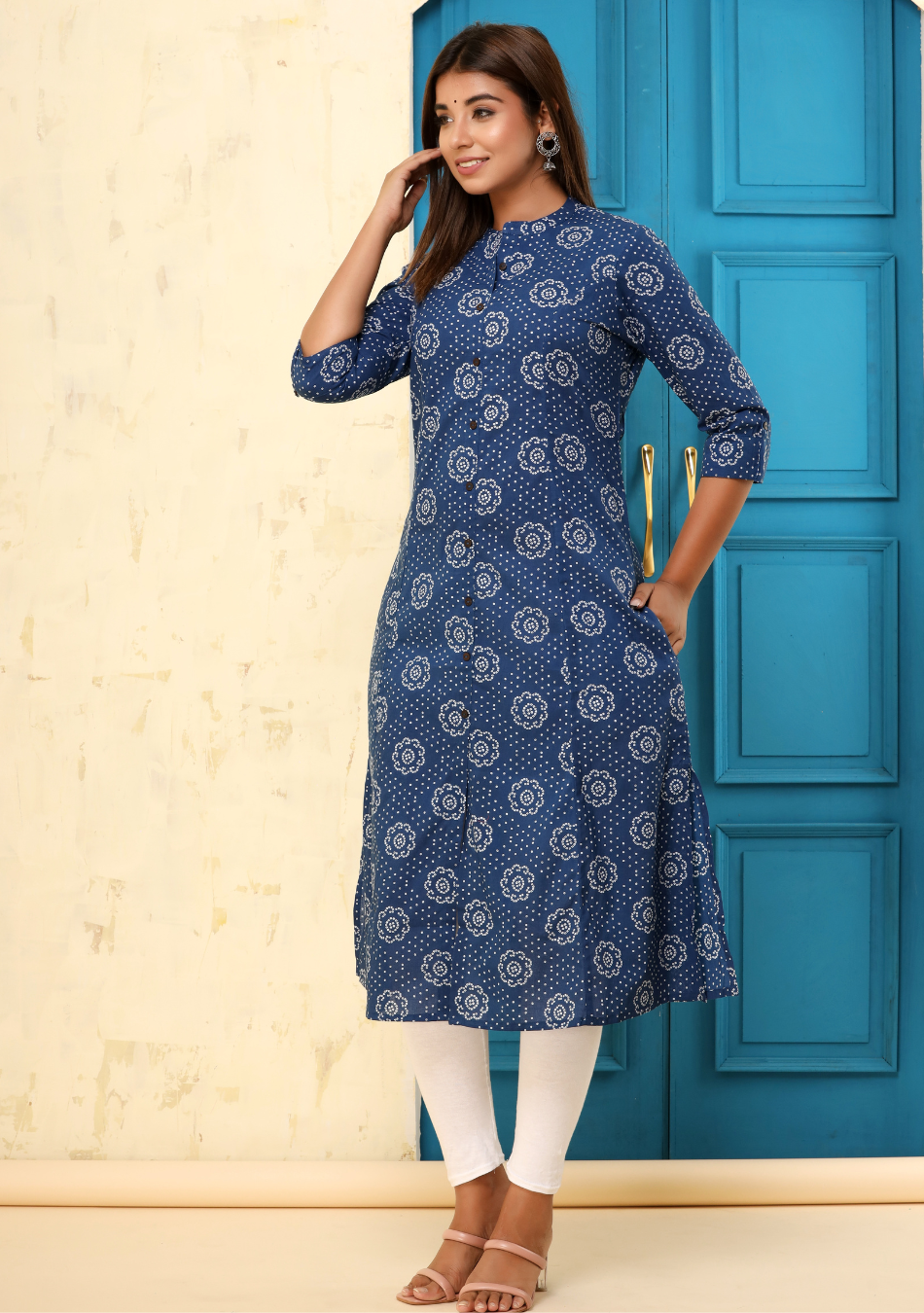 Dark Blue Print A-Line Kurta