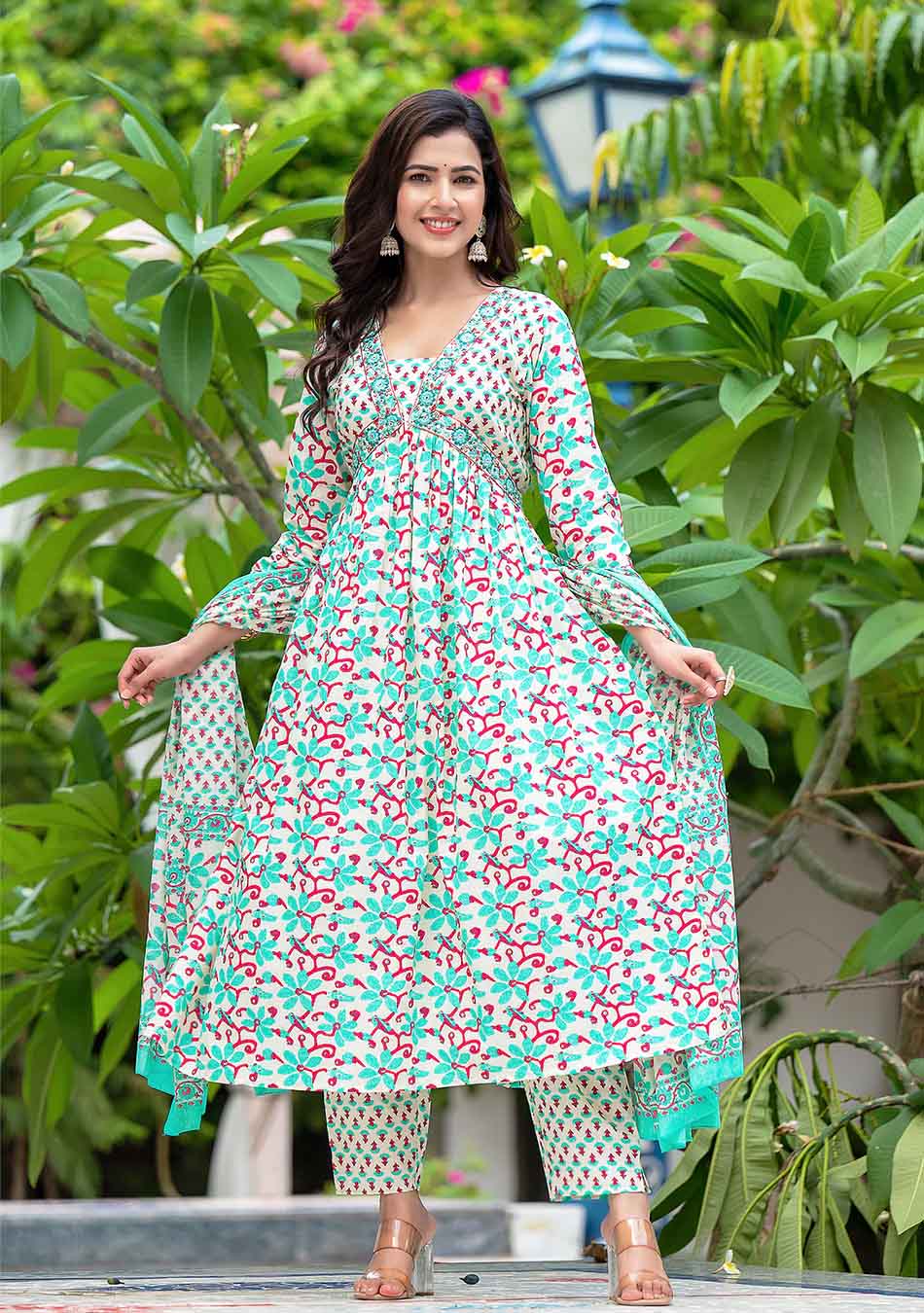 White And Seagreen Floral Anarkali Kurta Pant Set With Dupatta