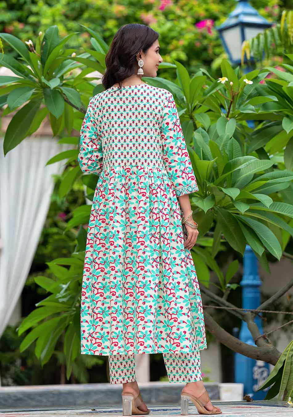 White And Seagreen Floral Anarkali Kurta Pant Set With Dupatta