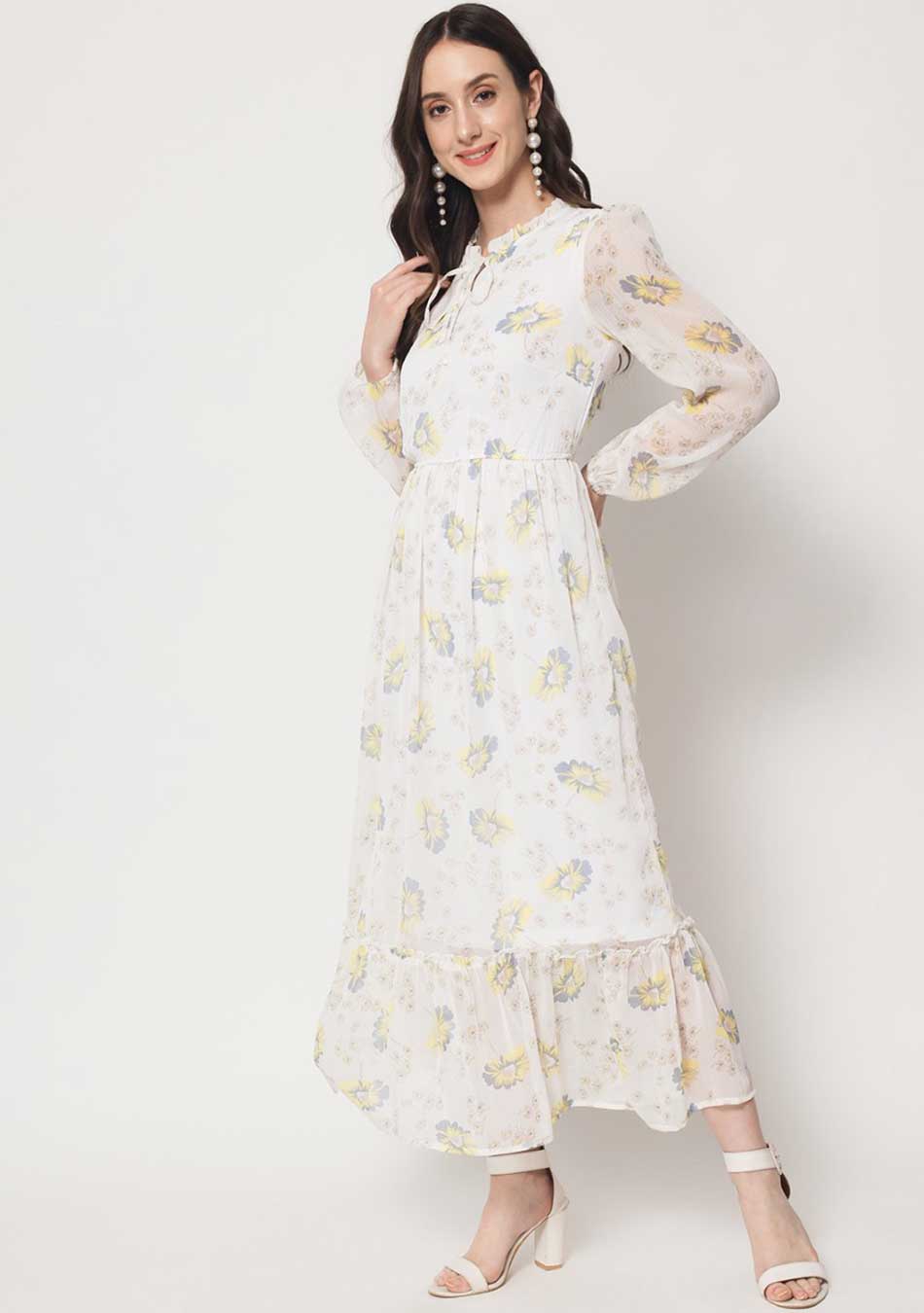 White Floral Yellow Flowers Dress