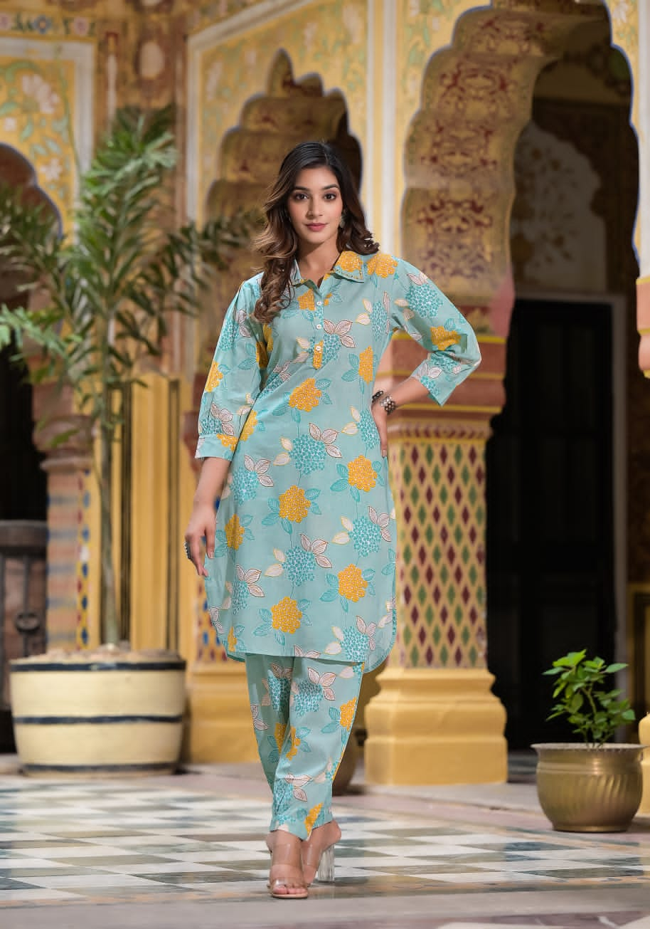 Green Floral Print Kurta Hem Cuffed Pant Set