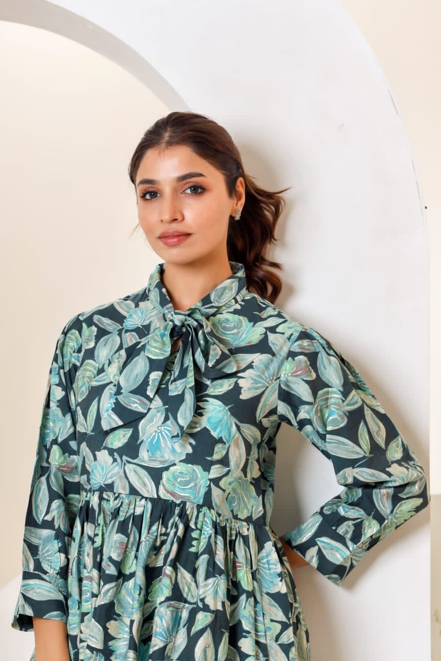Green Floral Print Muslin Peplum Top With Bell-Bottom