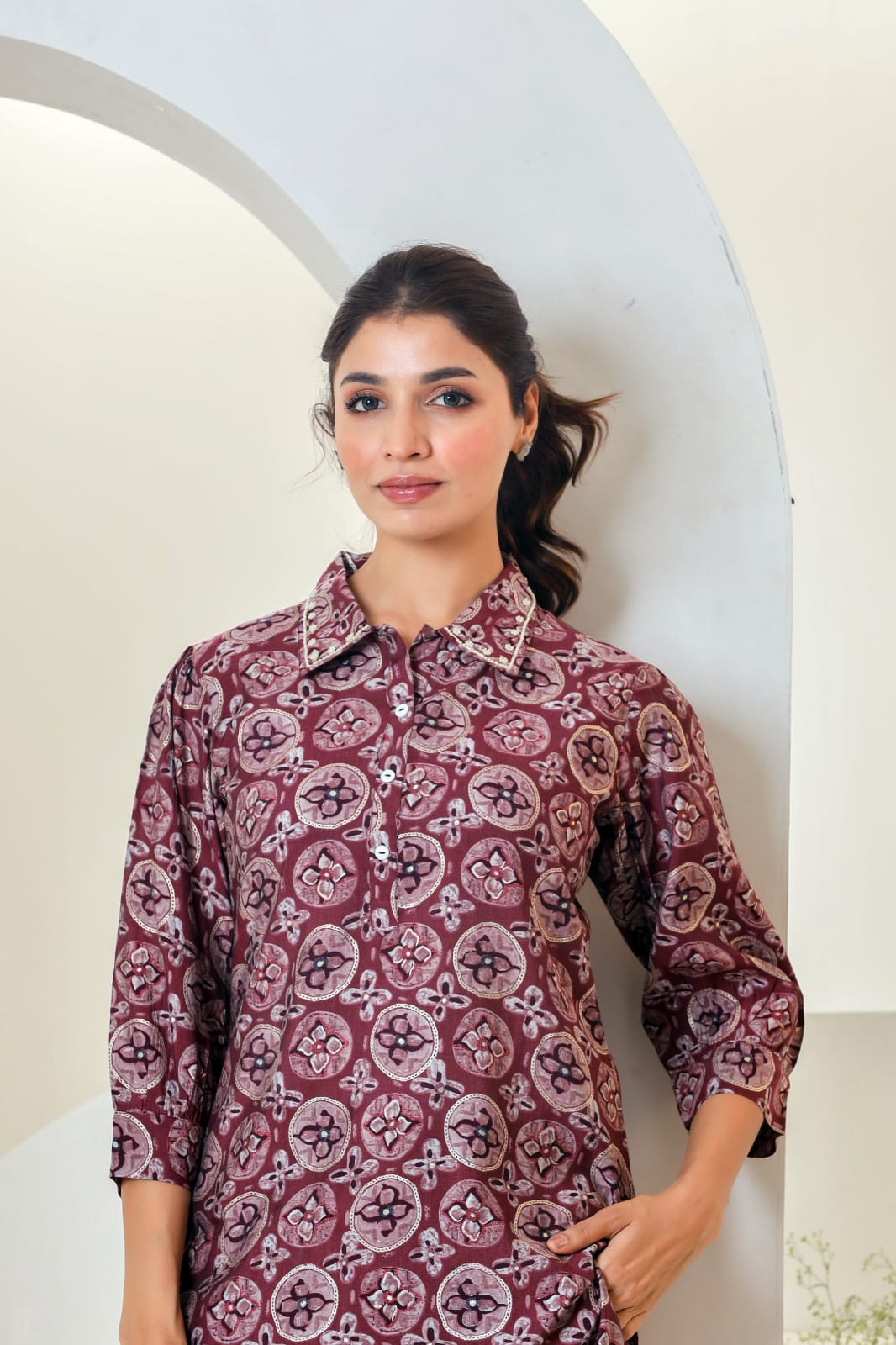 Maroon Print Muslin Kurta With Hem Cuffed Pant Set