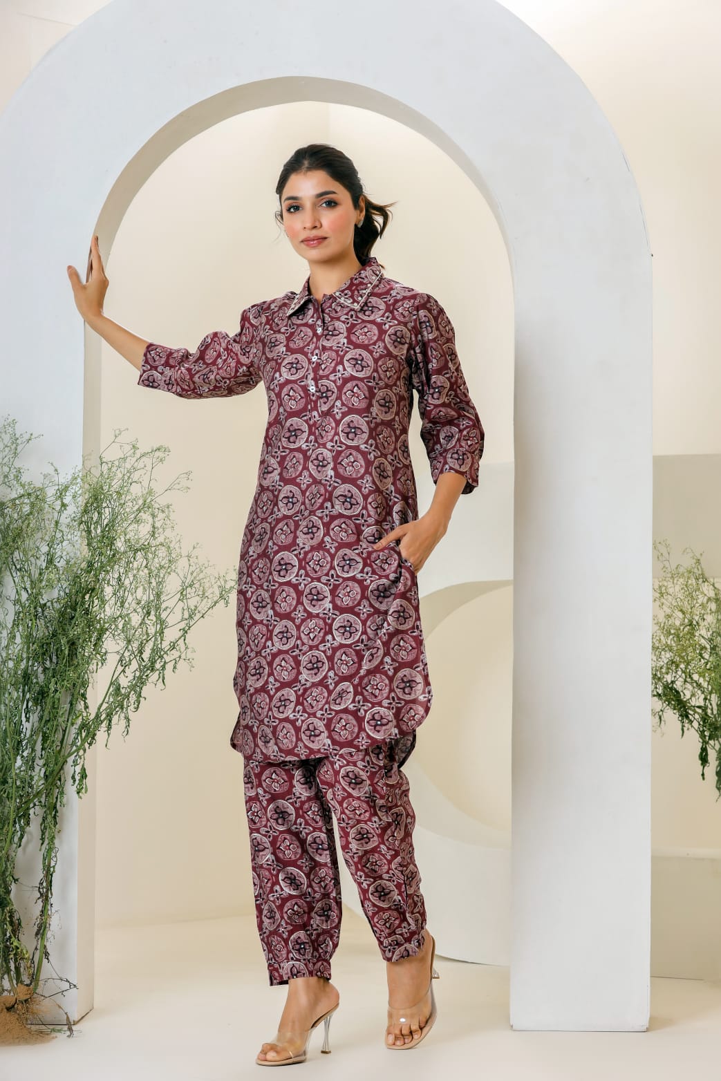 Maroon Print Muslin Kurta With Hem Cuffed Pant Set