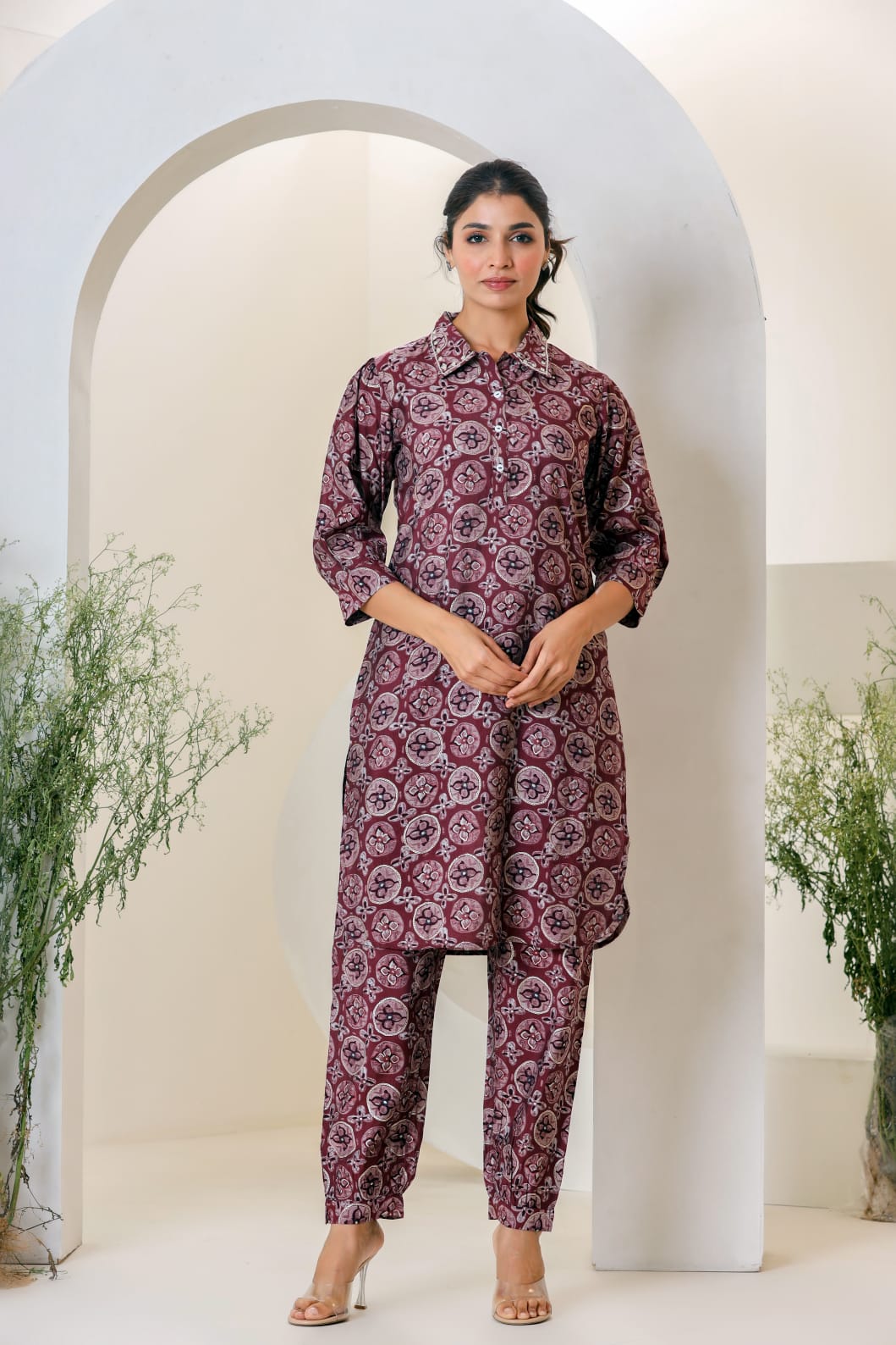 Maroon Print Muslin Kurta With Hem Cuffed Pant Set