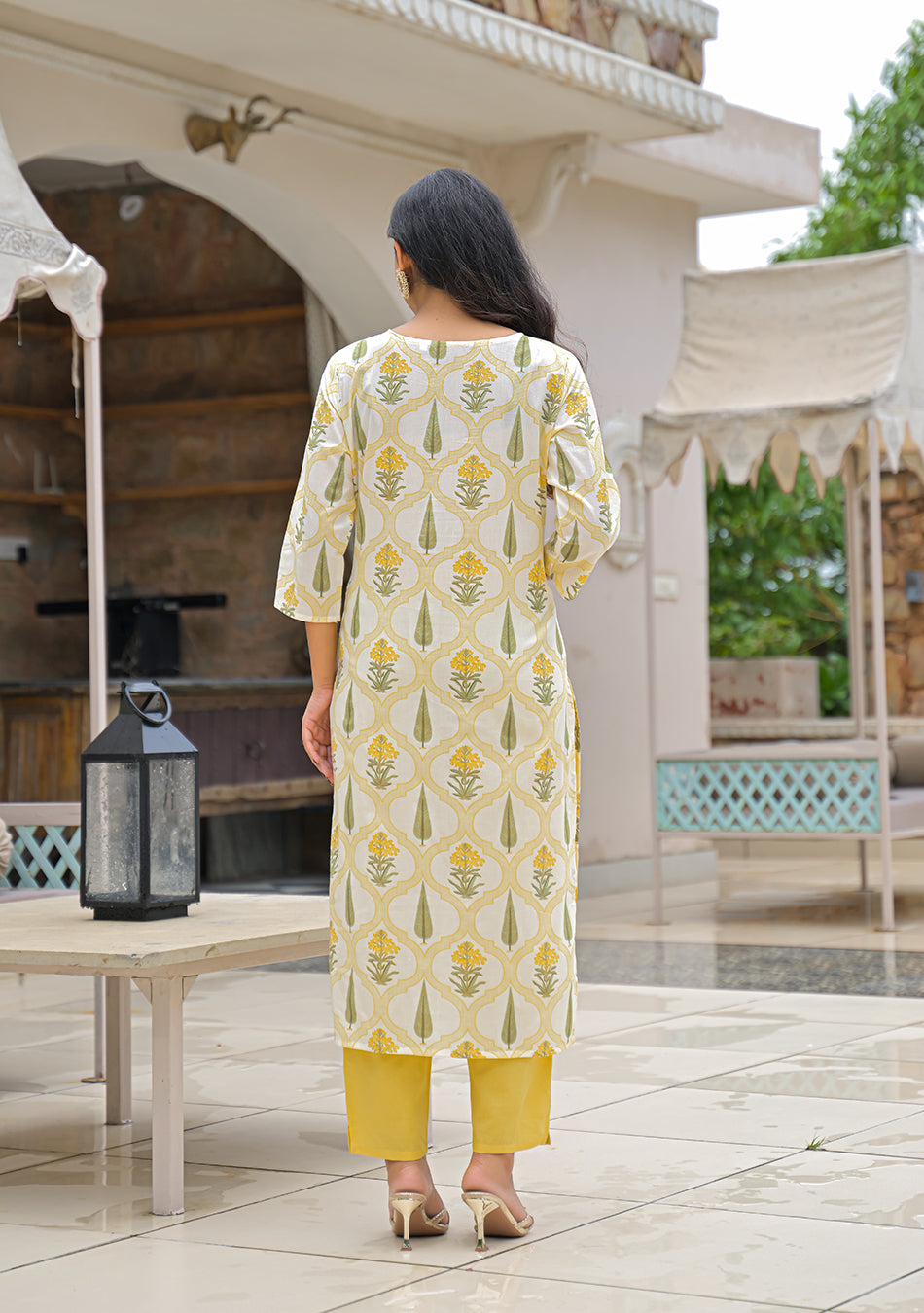 Yellow Cotton Straight Kurta Pant Set with kota Dupatta