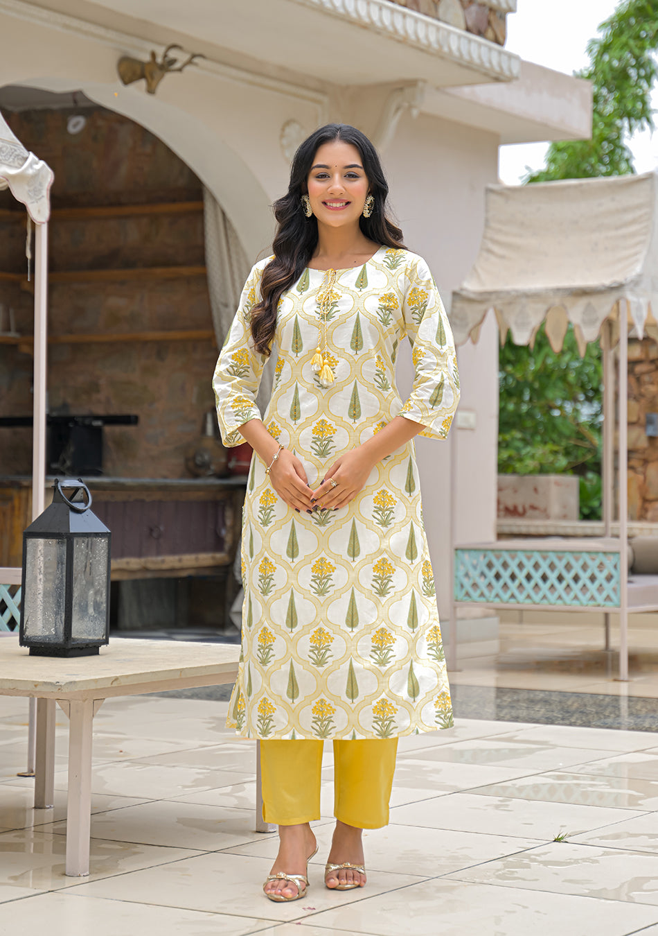 Yellow Cotton Straight Kurta Pant Set with kota Dupatta