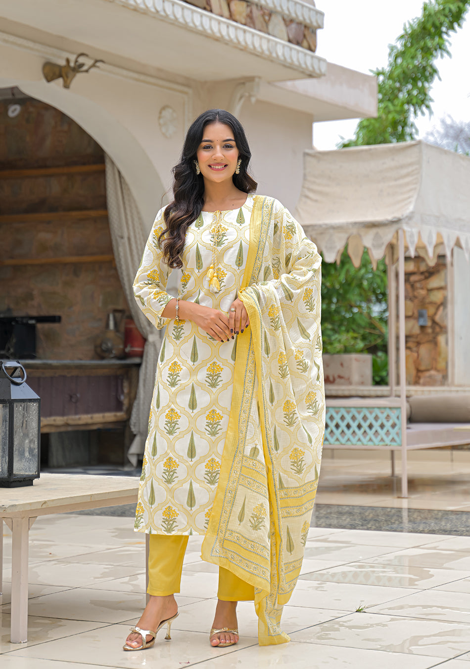 Yellow Cotton Straight Kurta Pant Set with kota Dupatta