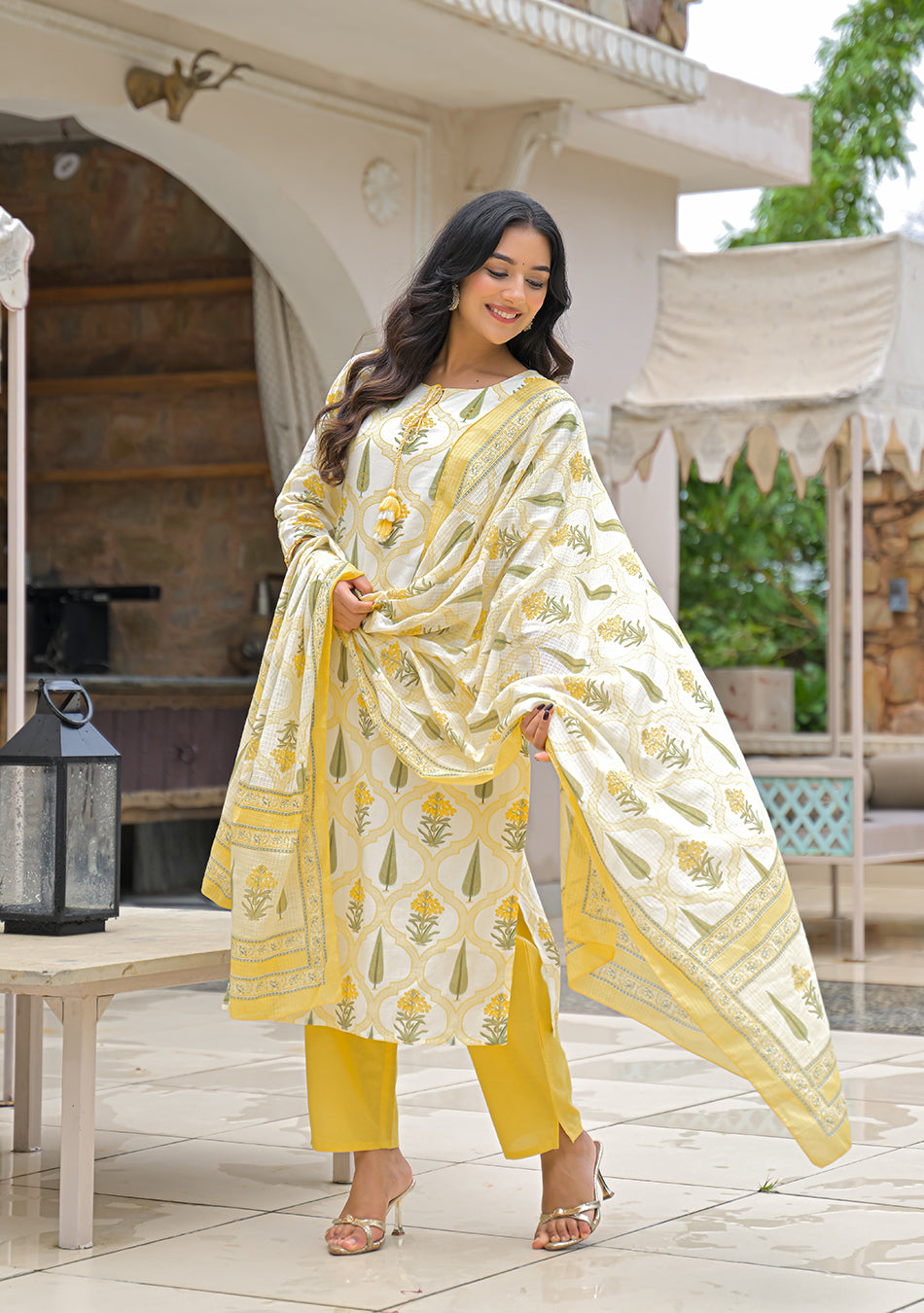 Yellow Cotton Straight Kurta Pant Set with kota Dupatta