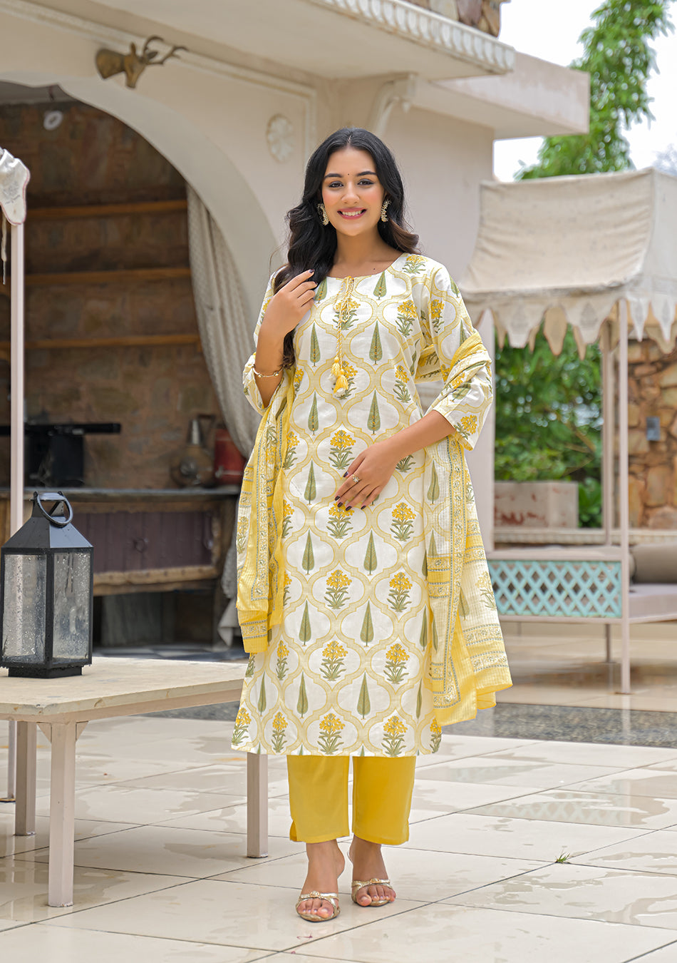 Yellow Cotton Straight Kurta Pant Set with kota Dupatta