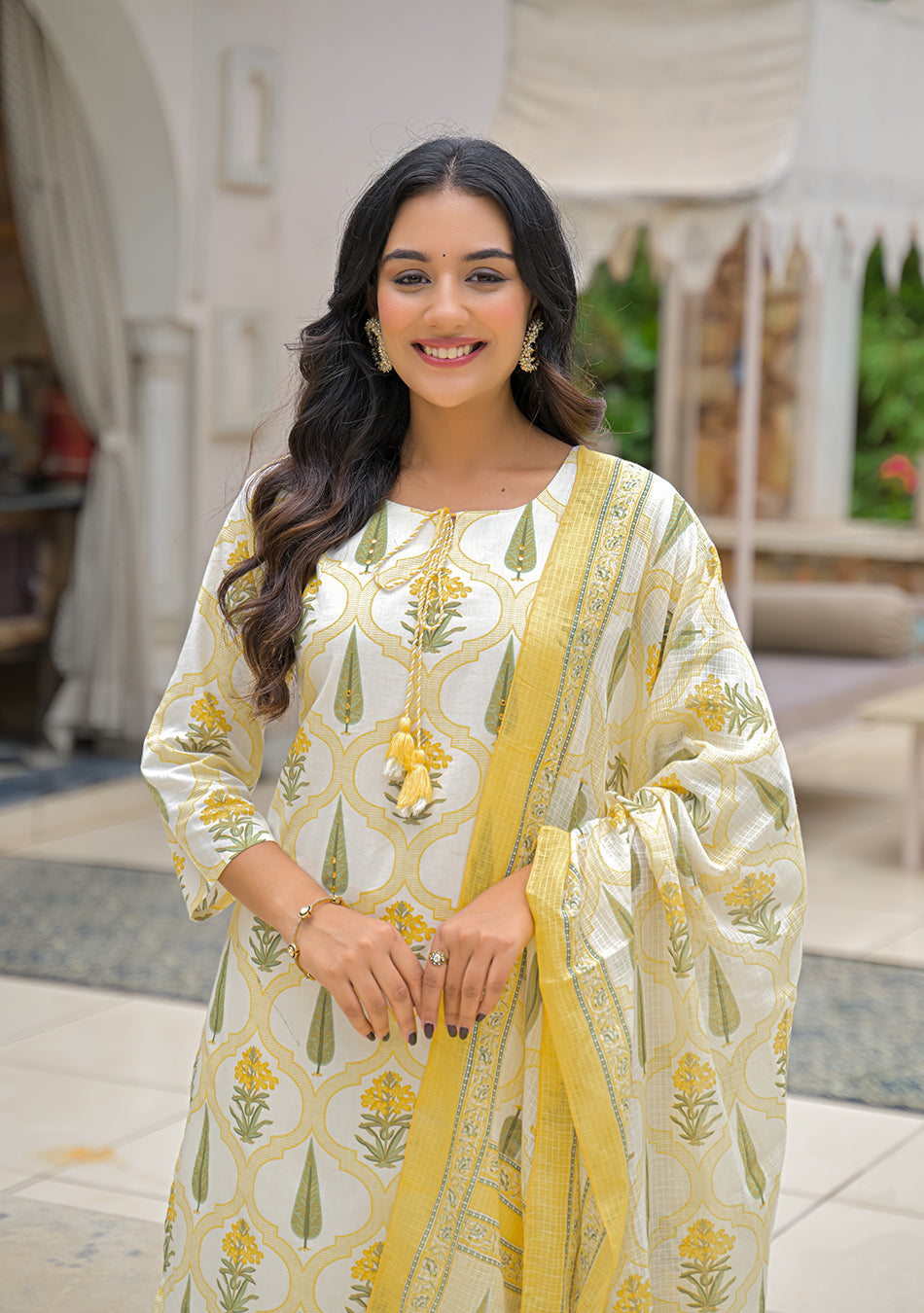 Yellow Cotton Straight Kurta Pant Set with kota Dupatta