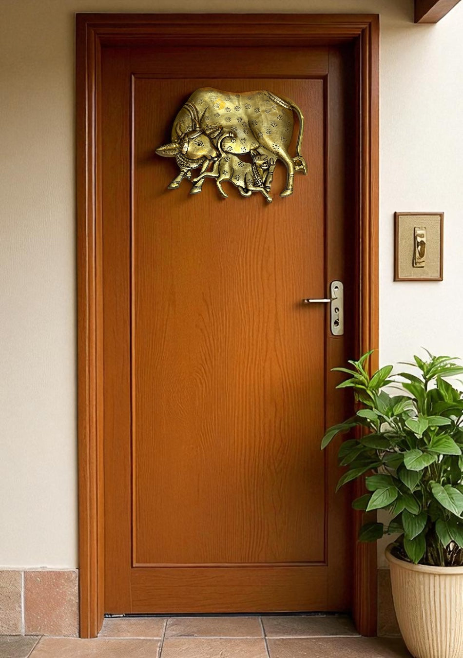 Antique Brass Kamdhenu with Calf Wall Hanging