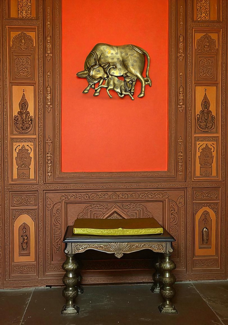 Antique Brass Kamdhenu with Calf Wall Hanging