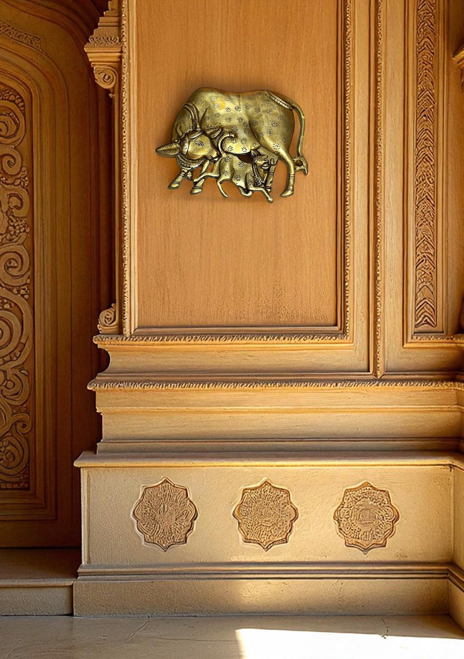 Antique Brass Kamdhenu with Calf Wall Hanging