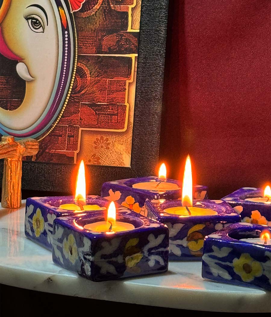 Blue Pottery Flower Decorated Square diyas - Set of 6