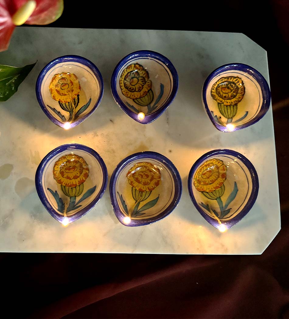 Blue Pottery Traditional Yellow Flower Design Diya - Set of 6