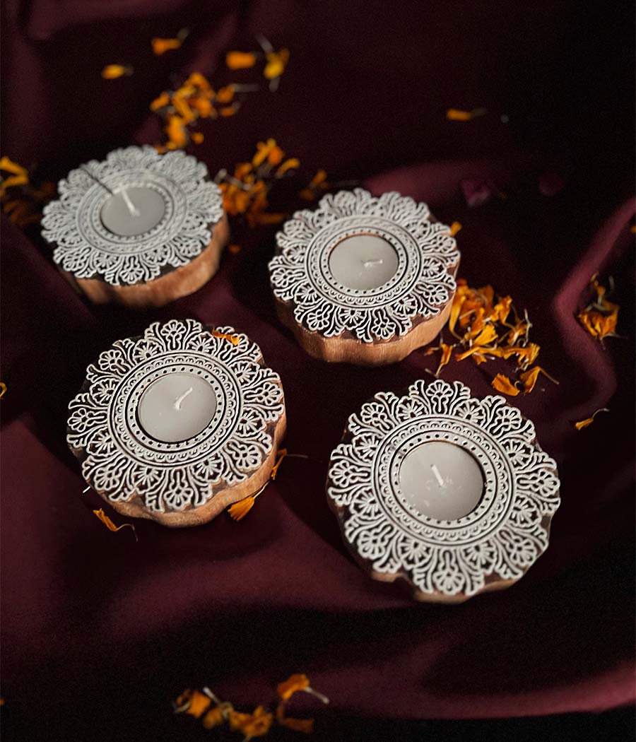 Flower Carved Wooden Diyas