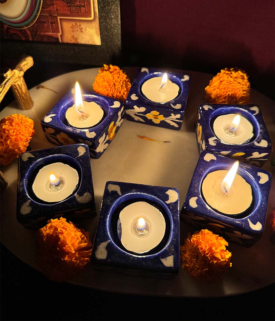 Blue Pottery Flower Decorated Square diyas - Set of 6