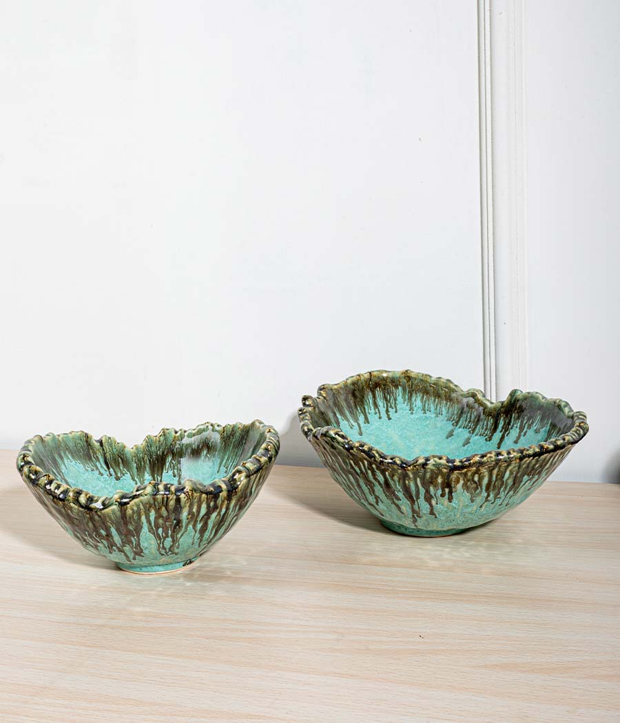 Aquamarine Seaweed Crumpled Serving Bowls