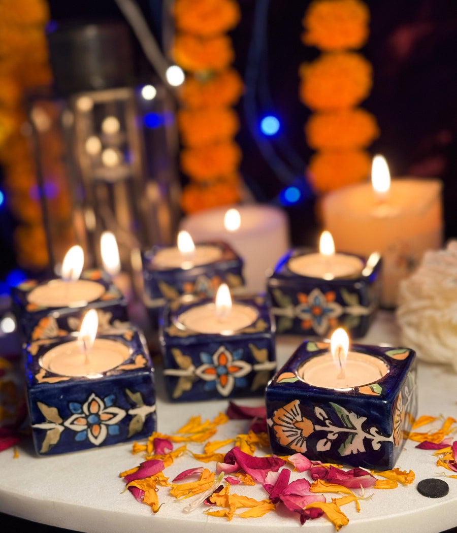 Blue Diya with yellow floral Design - Set of 6