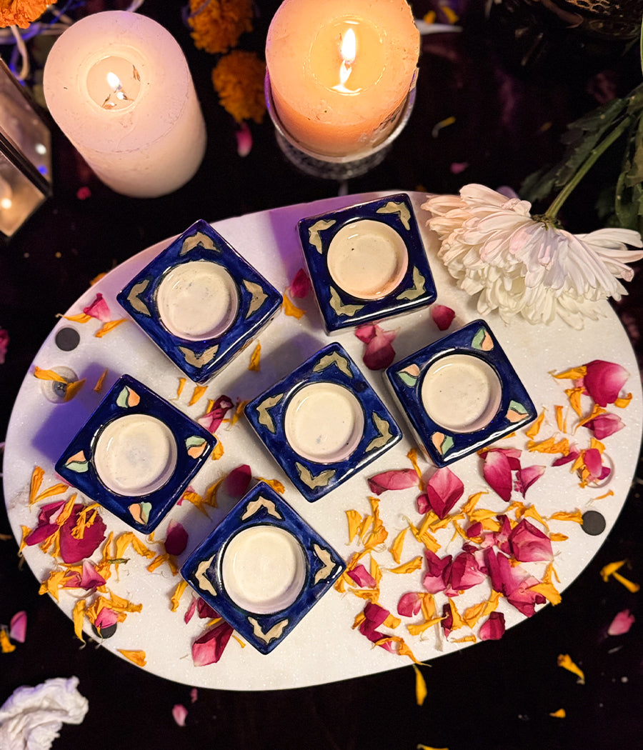 Blue Diya with yellow floral Design - Set of 6