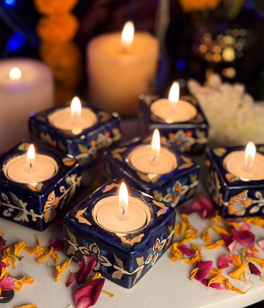Blue Diya with yellow floral Design - Set of 6