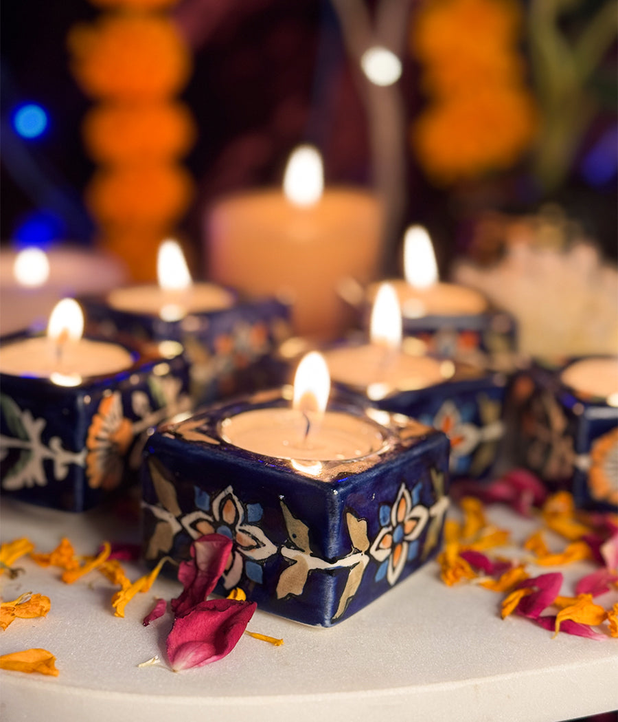Blue Diya with yellow floral Design - Set of 6