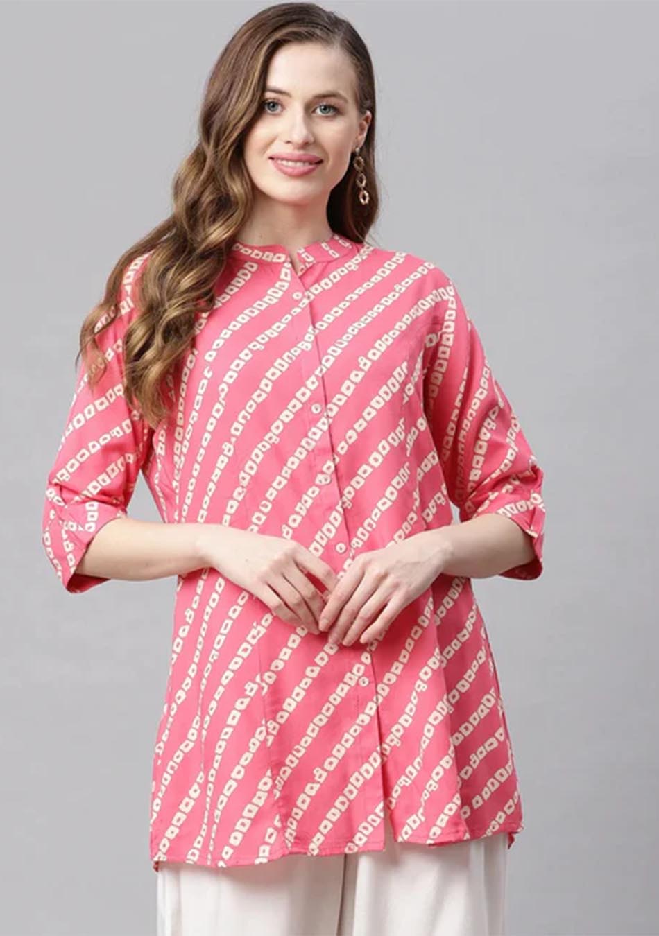 Pink Bandhani Rayon A-line Shirt Style Top