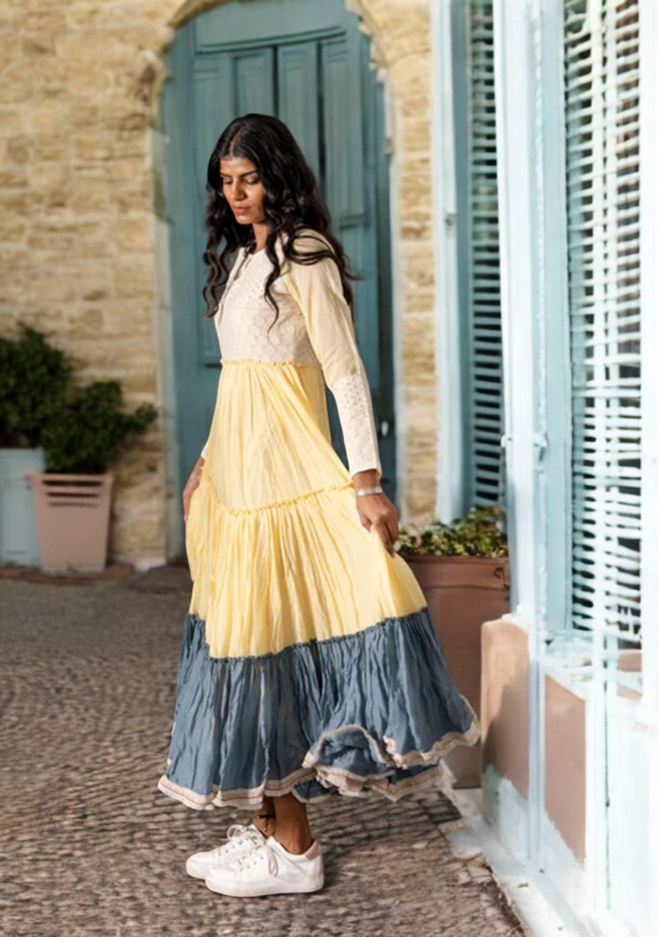 Yellow & Grey Mulmul Dress
