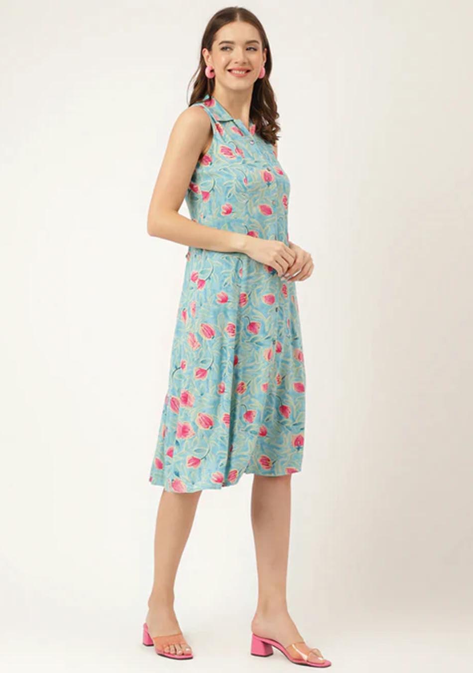 Blue Floral Print Rayon A-Line Midi Dress with Attached Sleeves