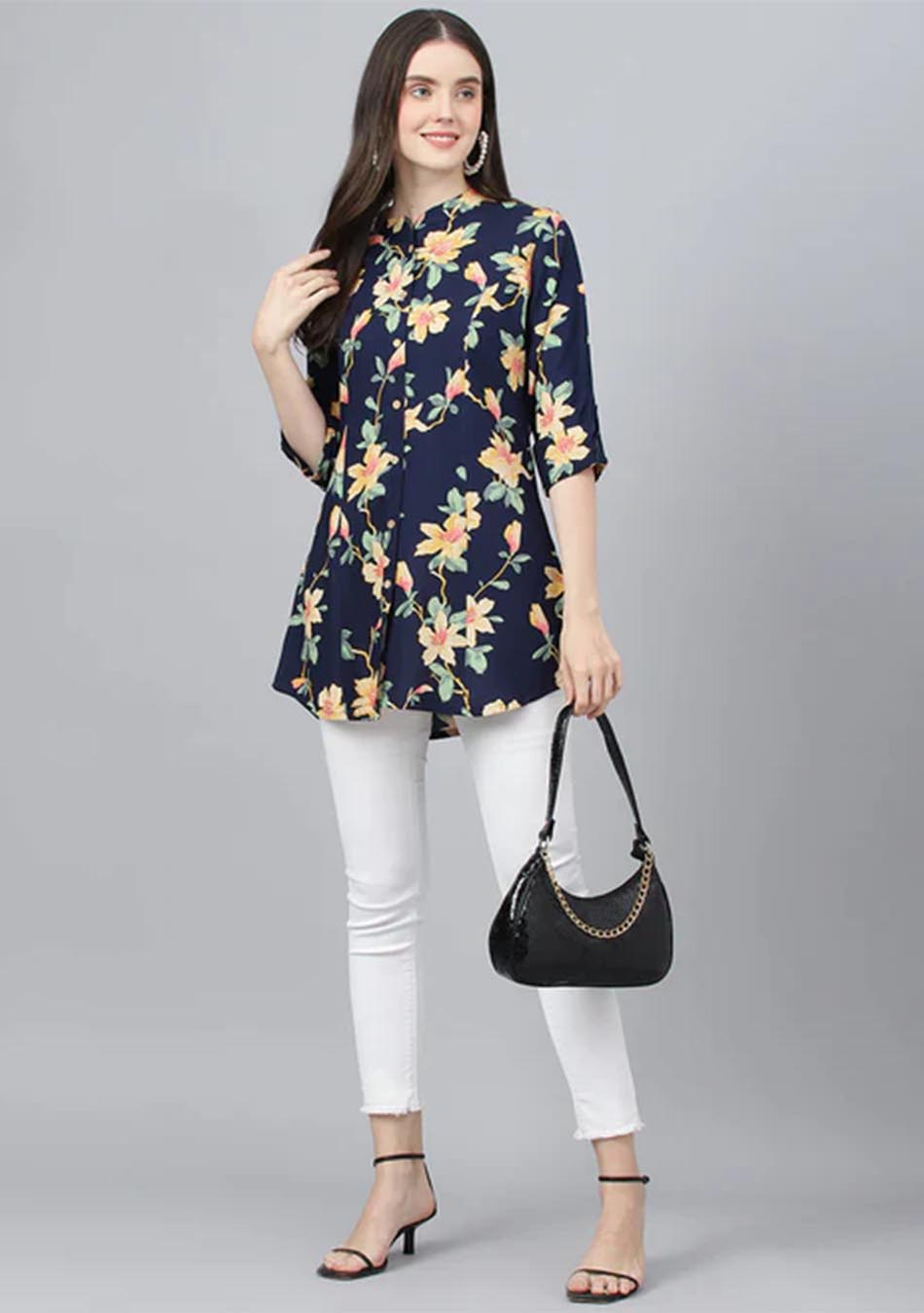 Navy Blue Floral printed Rayon A-line Shirts Style Top