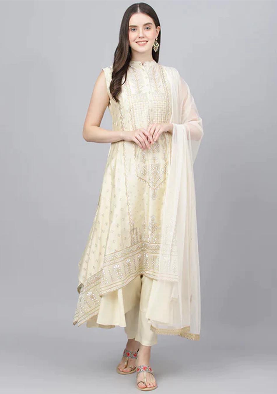 Cream Chanderi Kurta Pant Set with Net Dupatta