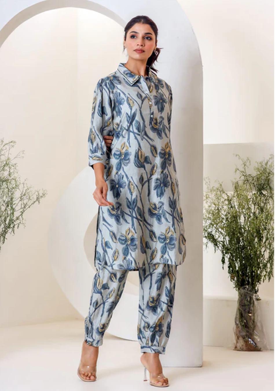 Sky Blue Print Muslin Kurta With Hem Cuffed Pant Set