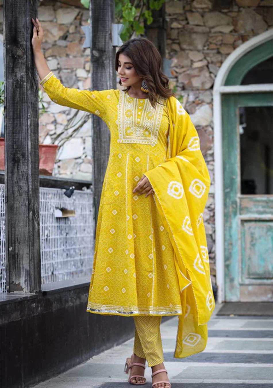 Yellow Chunri Print Anarkali set with Dupatta