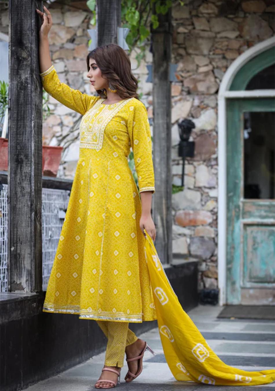 Yellow Chunri Print Anarkali set with Dupatta